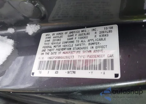 2009 Honda Accord 2.4 Ex-L z USA, uszkodzony, nr VIN 1HGCP268X9A059213